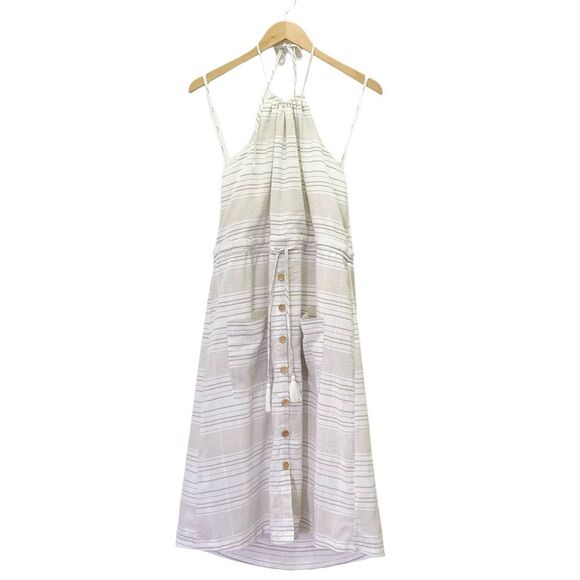 Minkpink Textured Neutral Tan White Striped Midi Halter Summer Dress Size Large - Picture 2 of 12